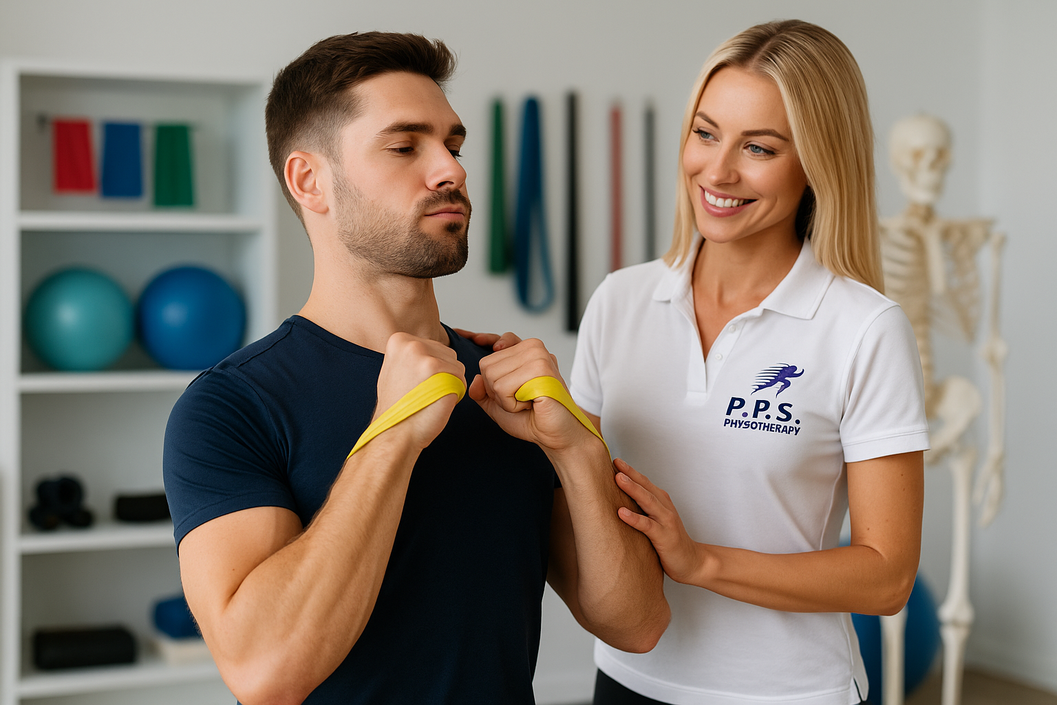 Female physiotherapist at PPS Physiotherapy supervising a male patient doing neck posture exercises in a modern rehab clinic