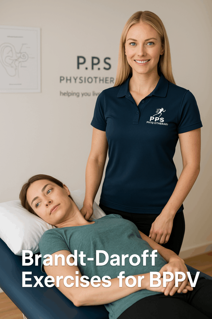 Female physiotherapist guiding a patient through Brandt-Daroff exercises for BPPV treatment in a modern clinic. The patient is lying on their side with their head turned 45 degrees as the therapist observes. The background includes an inner ear anatomy poster and the clinic’s logo.