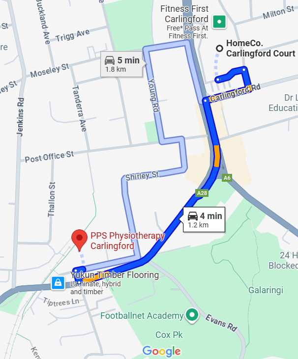 Map showing 4 minute drive from Carlingford Court to PPS Physiotherapy Carlingford clinic on Lloyds Avenue
