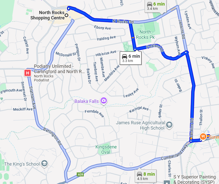 Map showing driving directions from North Rocks Shopping Centre to PPS Physiotherapy Carlingford clinic; a short local drive for residents.