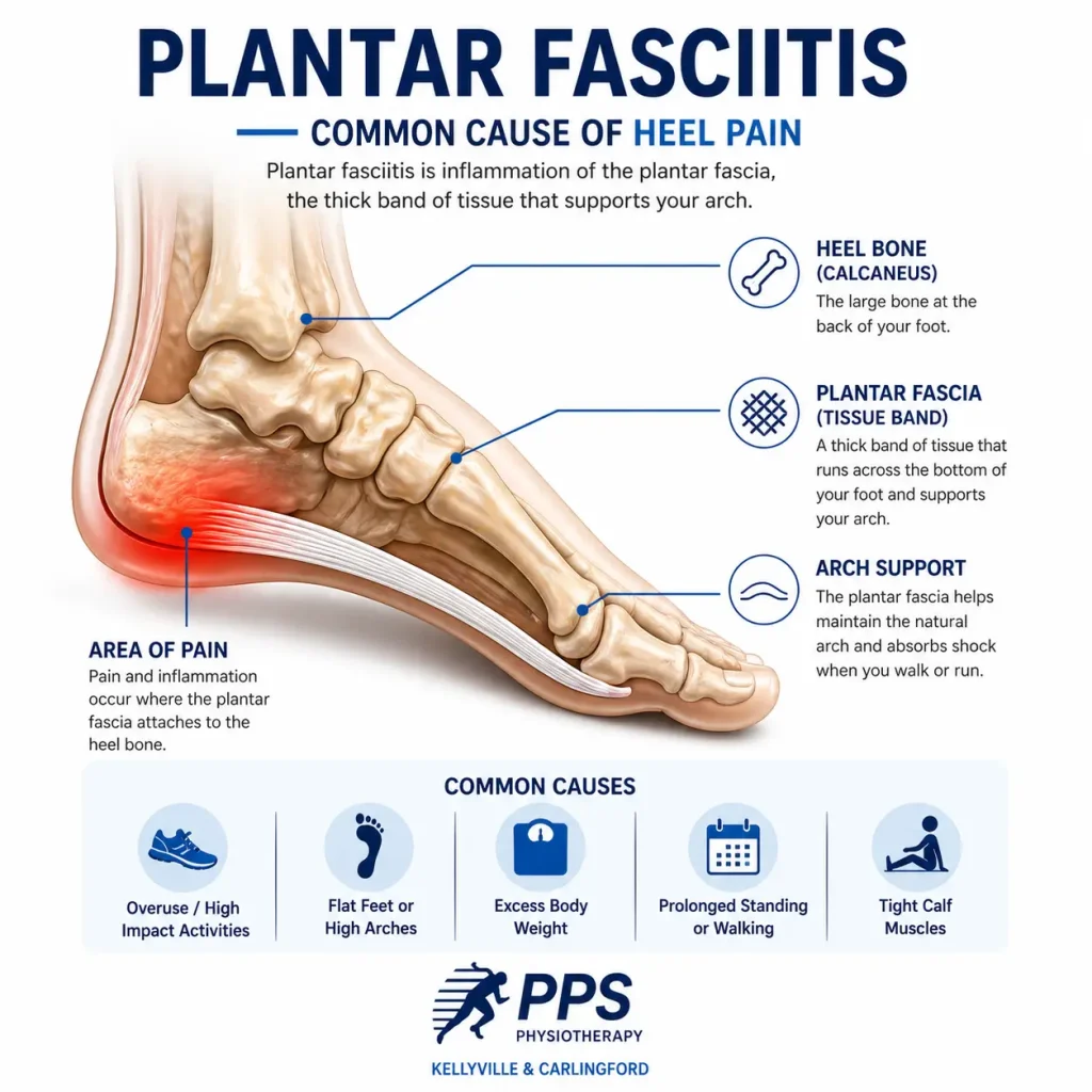 Anatomy graphic showing plantar fasciitis as a common cause of heel pain under the heel bone
