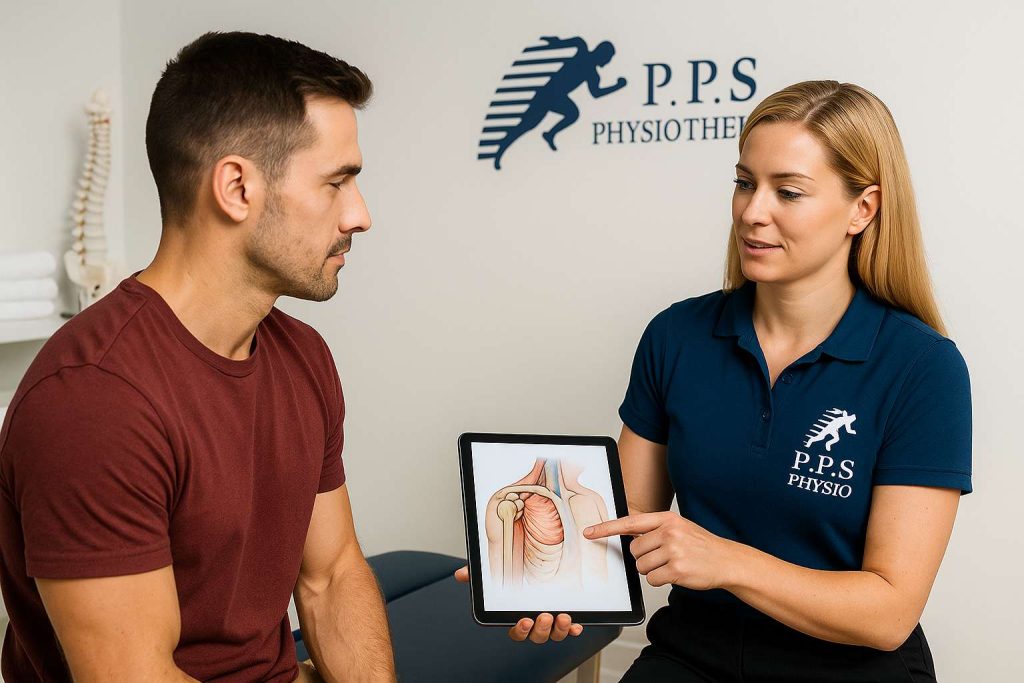 Physiotherapist explaining shoulder pain treatment options to a patient at PPS Physiotherapy Carlingford