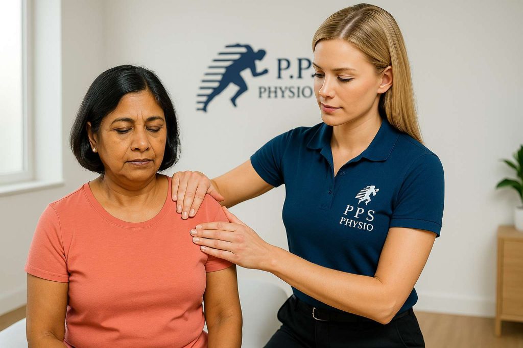 Physiotherapist at PPS Physiotherapy Carlingford assessing a female patient's shoulder for pain and mobility