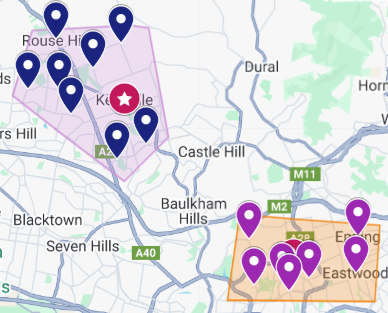 Catchment map of PPS Physiotherapy clinics in Carlingford and Kellyville. Purple areas represent Kellyville physiotherapy suburbs; orange areas represent Carlingford physiotherapy suburbs.