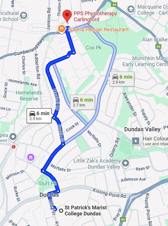 Map showing directions from St Patrick’s Marist College in Dundas to PPS Physiotherapy Carlingford clinic; a short local drive for residents.