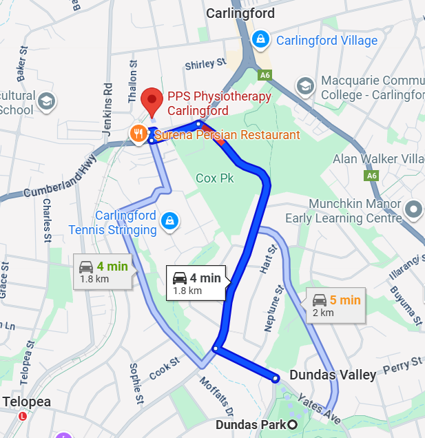 Map showing directions from Dundas Park on Yates Avenue, Dundas Valley to PPS Physiotherapy Carlingford clinic, highlighting the short local drive.
