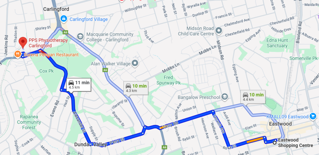 Map showing directions from Eastwood Station to PPS Physiotherapy Carlingford clinic, highlighting the short drive for local residents.