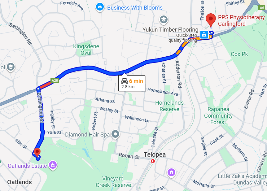 Map showing directions from Oatlands Golf Club to PPS Physiotherapy Carlingford clinic, highlighting the short 6 minute drive for local residents.