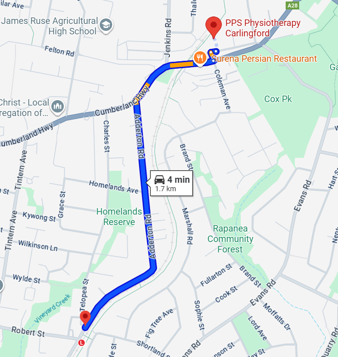Map showing driving directions from Telopea to PPS Physiotherapy Carlingford clinic, highlighting a 4 minute, 1.7 km route for local residents.